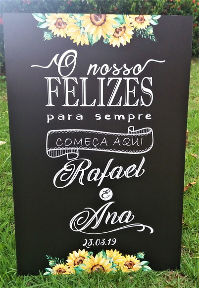 Quadro Chalkboard Casamento  Felizes para Sempre Girassóis