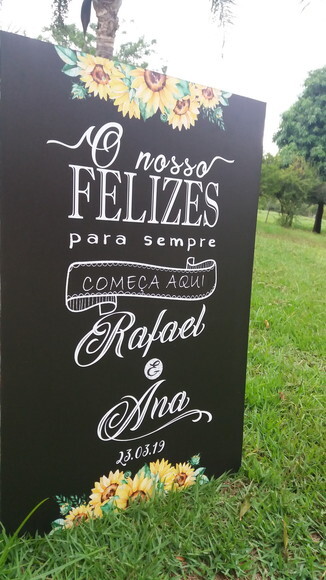 Quadro Chalkboard Casamento  Felizes para Sempre Girassóis