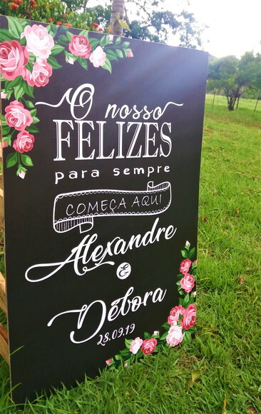 Quadro Chalkboard Casamento  Felizes para Sempre Rosas