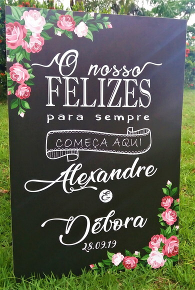 Quadro Chalkboard Casamento  Felizes para Sempre Rosas