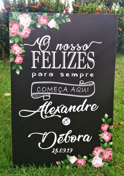 Quadro Chalkboard Casamento  Felizes para Sempre Rosas