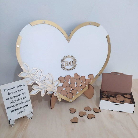 Quadro de assinatura coração branco e dourado