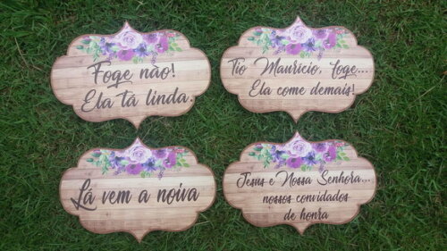 4 Placas de casamento COM SUA FRASE -Floral roxo