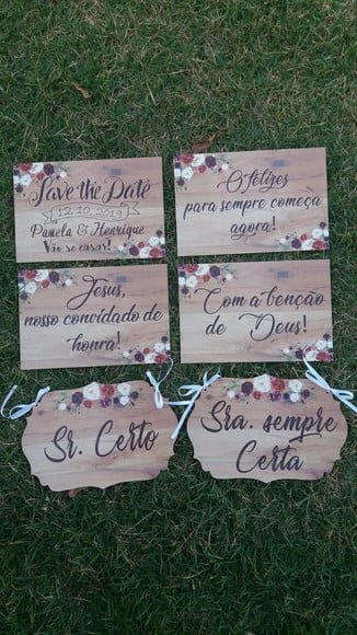 4 Placas Pajem + 2 Placa Das Cadeiras Em Mdf Com Sua Frase