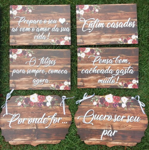 4 Placas Pajem + 2 Placa Das Cadeiras Em Mdf Com Sua Frase