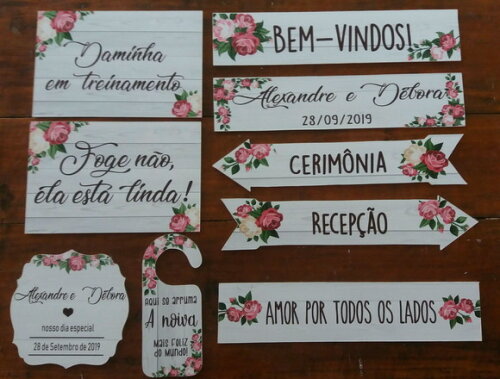 Kit placas Indicativas + 2 pajem + alianças + placa de porta