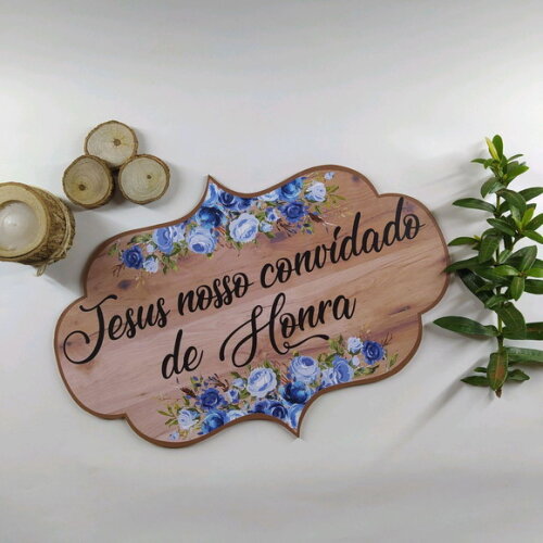 Placa de casamento COM SUA FRASE-Floral azul