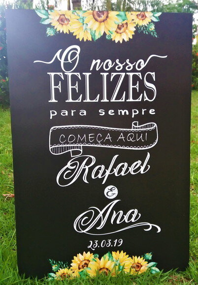 Quadro Chalkboard Casamento " Felizes para Sempre" Girassóis