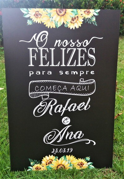 Quadro Chalkboard Casamento  Felizes para Sempre Girassóis
