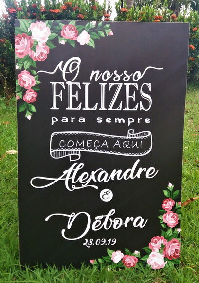 Quadro Chalkboard Casamento " Felizes para Sempre" Rosas