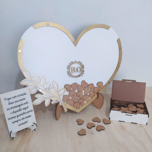 Quadro de assinatura coração branco e dourado