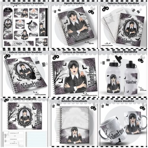 Combo Arquivos de Capas de Caderno e Etiquetas Wandinha