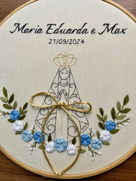 Porta Alianças Bordado à Mão Nossa Senhora Aparecida Floral