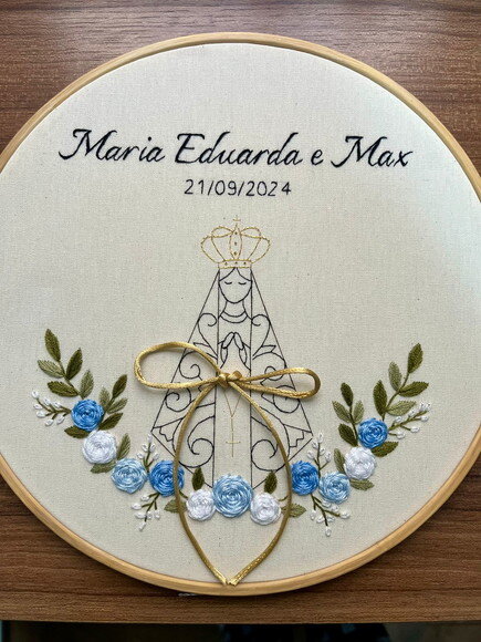 Porta Alianças Bordado à Mão Nossa Senhora Aparecida Floral