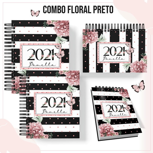 COMBO ARQUIVO FLORAL COM PRETO AGENDAS LUXO