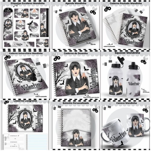 Combo Arquivos de Capas de Caderno e Etiquetas Wandinha