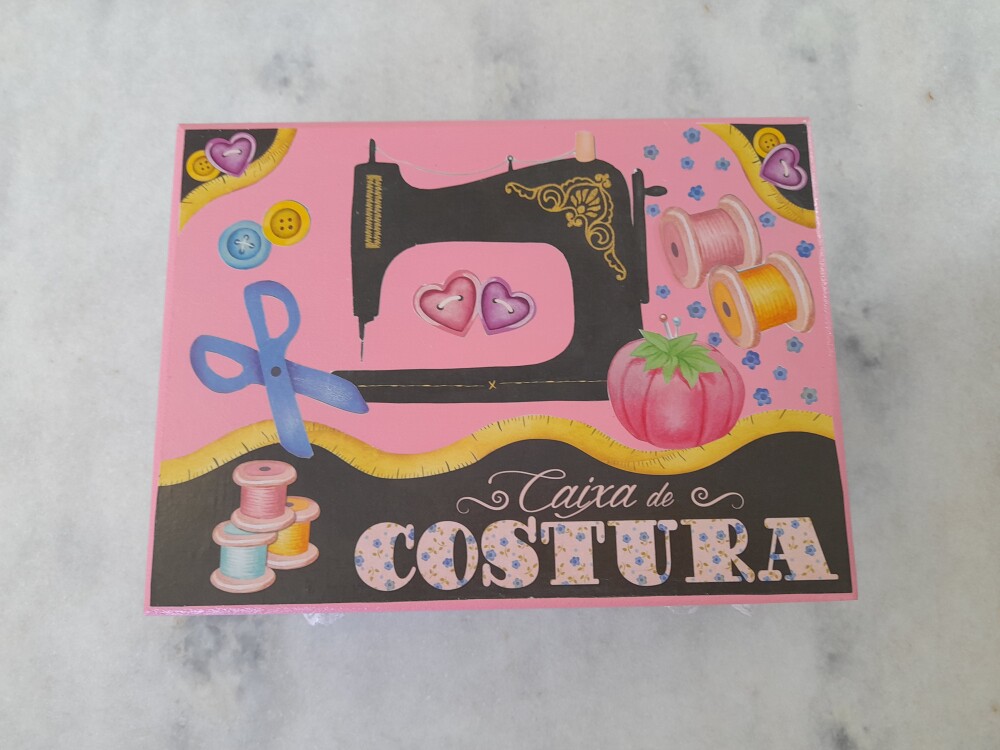 Caixa em mdf para costura preta e rosa c/ divisória