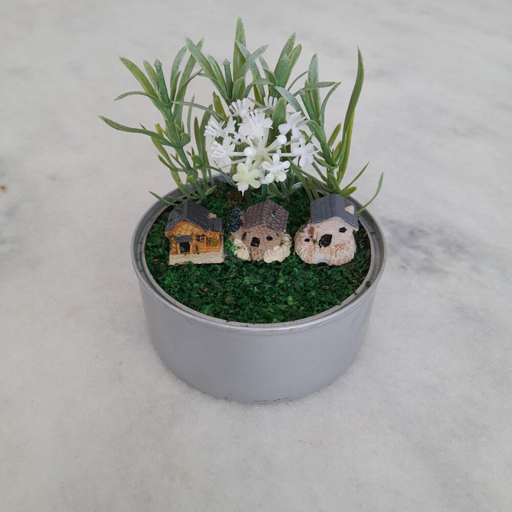 Mini jardim decorado com casinha e plantas miniaturas