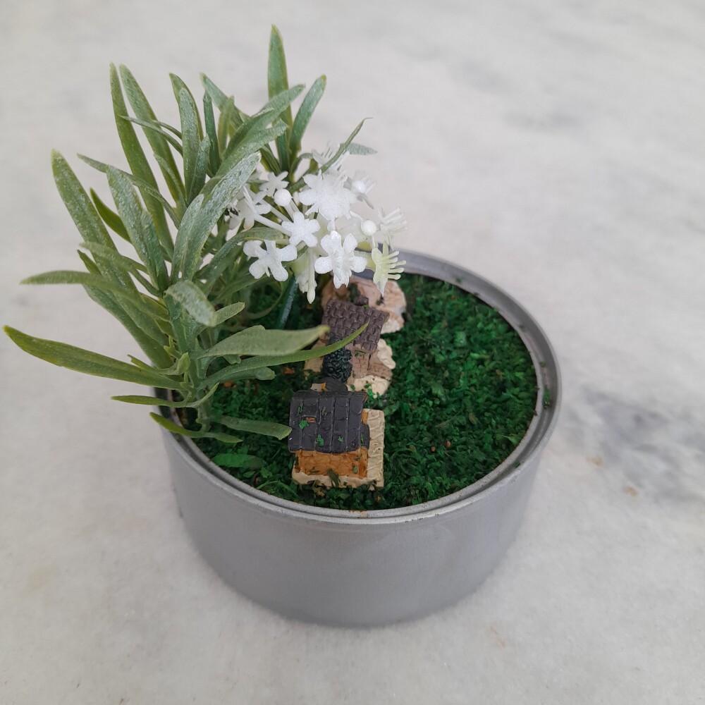 Mini jardim decorado com casinha e plantas miniaturas