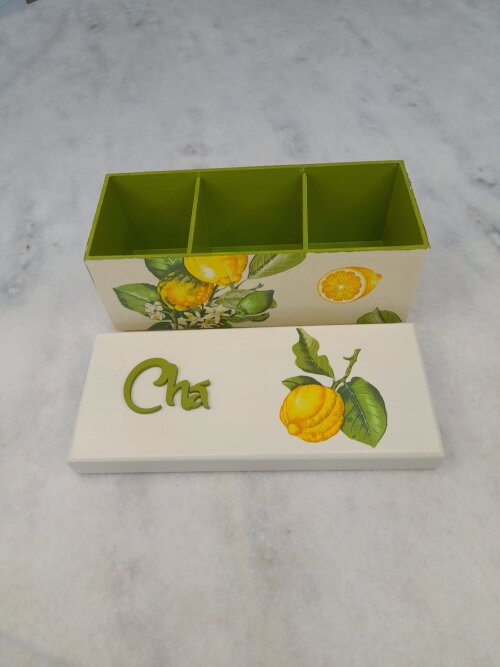 Caixa para chá nas cores mineral , verde e amarelo c/3 div