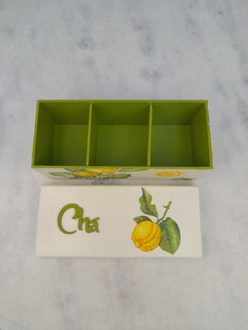 Caixa para chá nas cores mineral , verde e amarelo c/3 div