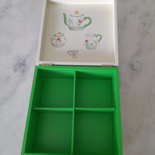 Caixa para chá em mdf nas cores verde e mineral c/ 4 div