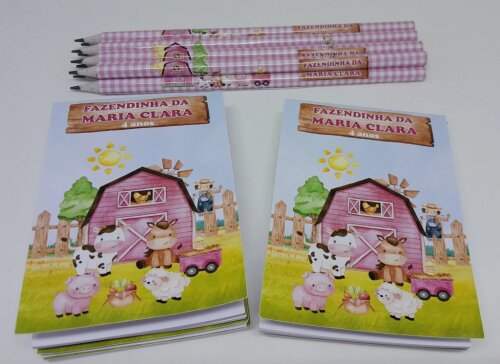 Kit 20 Lembrancinhas Bloquinho com Lápis Fazendinha - Vários Temas Disponíveis