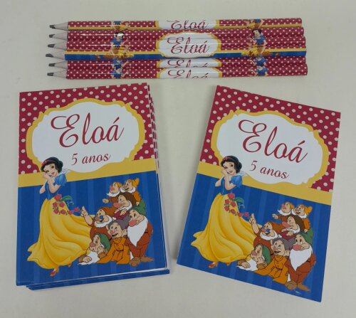Kit 20 Lembrancinhas Bloquinho com Lápis Branca de Neve - Vários Temas Disponíveis