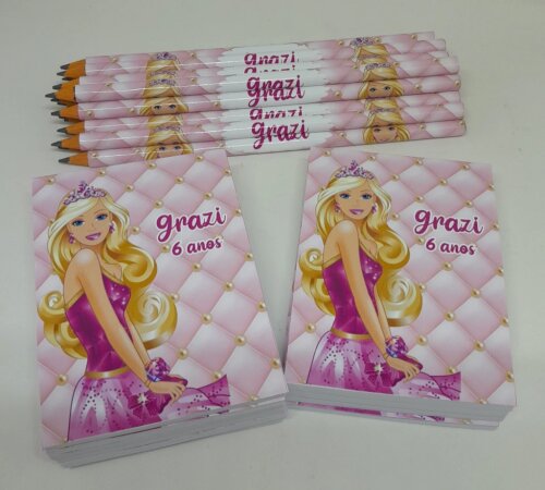 Kit 20 Lembrancinhas Bloquinho com Lápis Barbie - Vários Temas Disponíveis