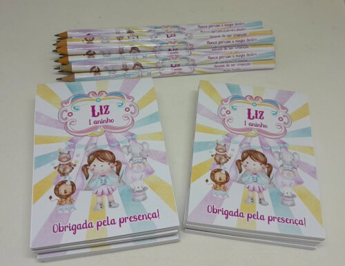 Kit 20 Lembrancinhas Bloquinho com Lápis Circo Rosa - Vários Temas Disponíveis