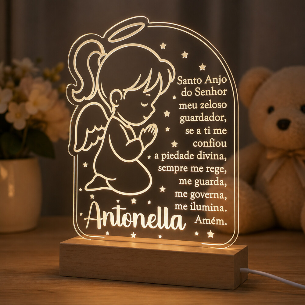 Luminária Santo Anjo com Nome | Oração Infantil | Acrílico LE