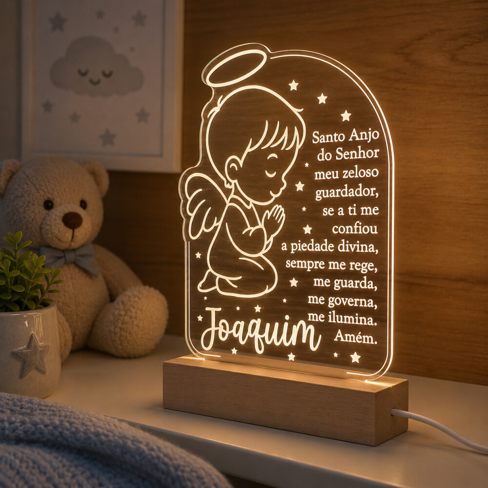 Luminária Santo Anjo com Nome | Oração Infantil | Acrílico LE