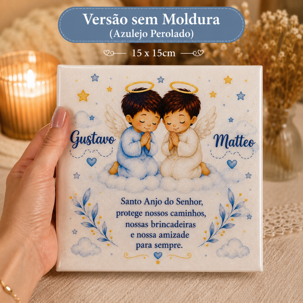 Quadro Personalizado Santo Anjo | Gêmeos | Azulejo Perolado