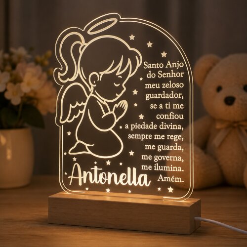 Luminária Santo Anjo com Nome | Oração Infantil | Acrílico LED