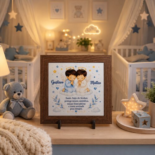 Quadro Personalizado Santo Anjo | Gêmeos | Azulejo Perolado