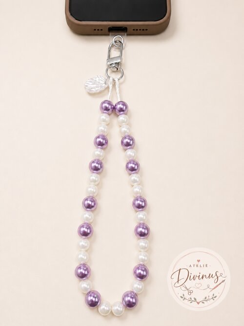 Strap Alça Segurança para Celular Feminino com Pérolas Lilás e Pingente Concha