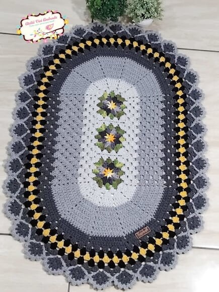 Tapete de Crochê Florescer Cinza/amarelo - Jogo c/ 2 Peças