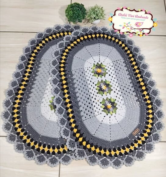 Tapete de Crochê Florescer Cinza/amarelo - Jogo c/ 2 Peças