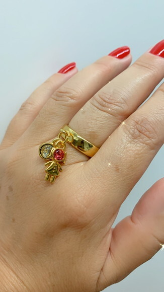 Anel Ouro Pingente Menina Rosa e Cristal