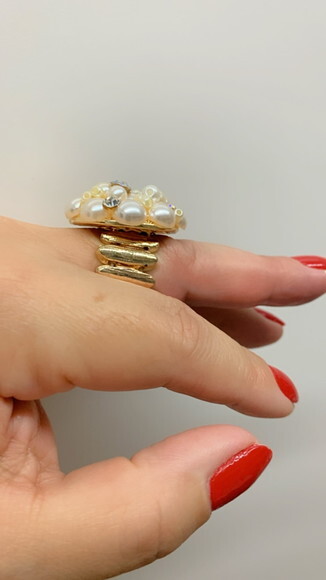 Anel Ouro Perolas Shell, Microperolasabs e Strass