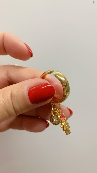 Anel Ouro Pingente Menina Rosa e Cristal