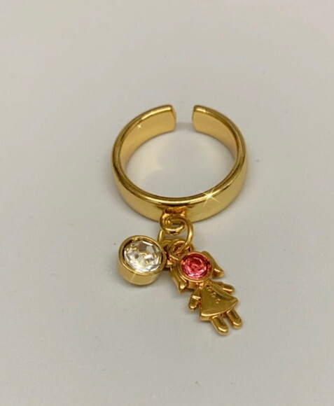 Anel Ouro Pingente Menina Rosa e Cristal