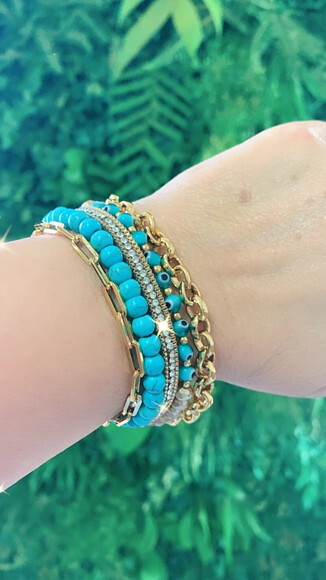 Pulseira Cristais e Pedras Olho Grego Turquesa