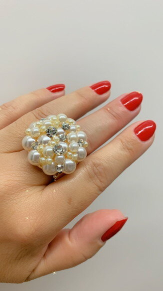 Anel Ouro Perolas Shell, Microperolasabs e Strass