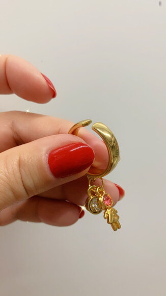 Anel Ouro Pingente Menina Rosa e Cristal