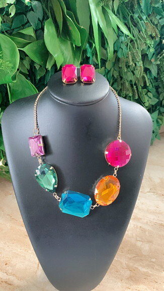 Conjunto Colar e Brinco Chaton Colorido