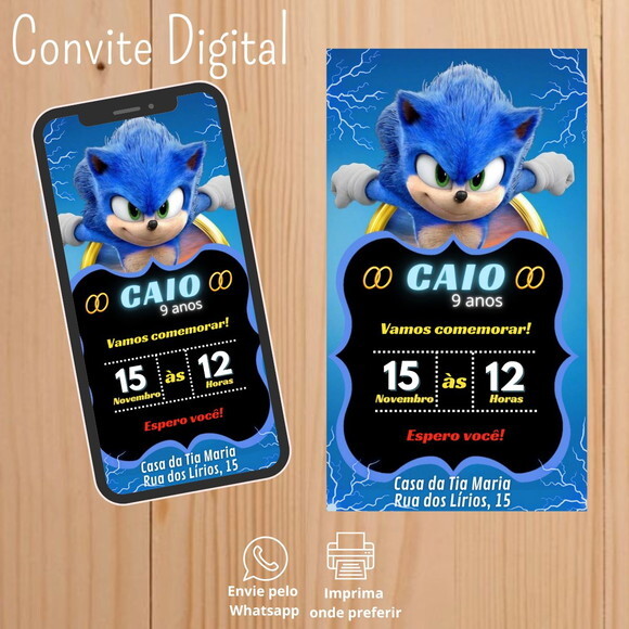 Convite Digital Aniversário Sonic o Filme