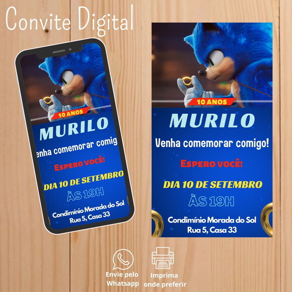 Convite Digital Aniversário Sonic o Filme