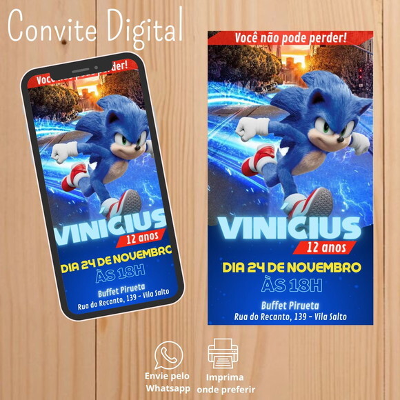 Convite Digital Aniversário Sonic o Filme