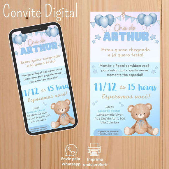 Convite Digital Chá de Bebê Menino Ursinho Azul